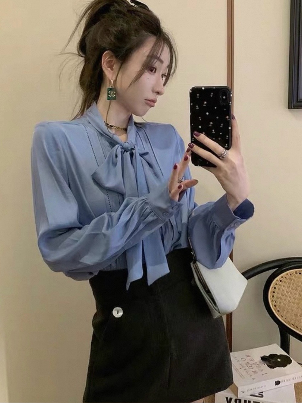 Boutique Blue long sleeve bow tie blouse Shirts